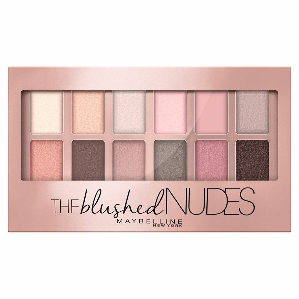 Lidschatten-Palette mit 12 Farbtönen. Rosa-goldene Verpackung. Aufschrift: THE blushed NUDES, MAYBELLINE NEW YORK.