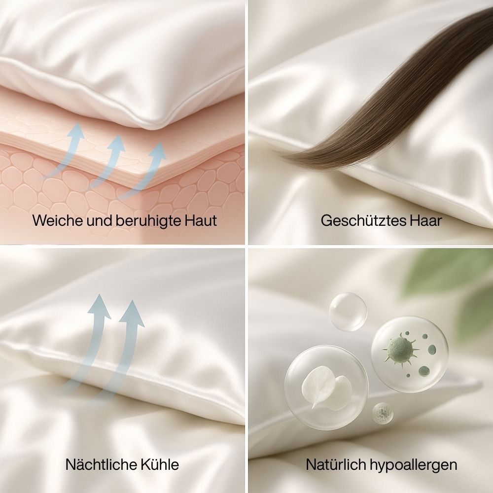 Nahaufnahmen von weißem Kissen. Haut, Haare, Frische, hypoallergen. Pfeile zeigen Luftzirkulation.