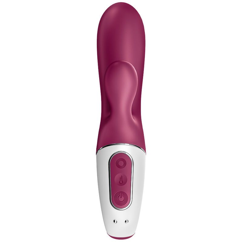 Lila-weißer Vibrator mit drei Knöpfen. Ovale Form mit abgerundeter Spitze.