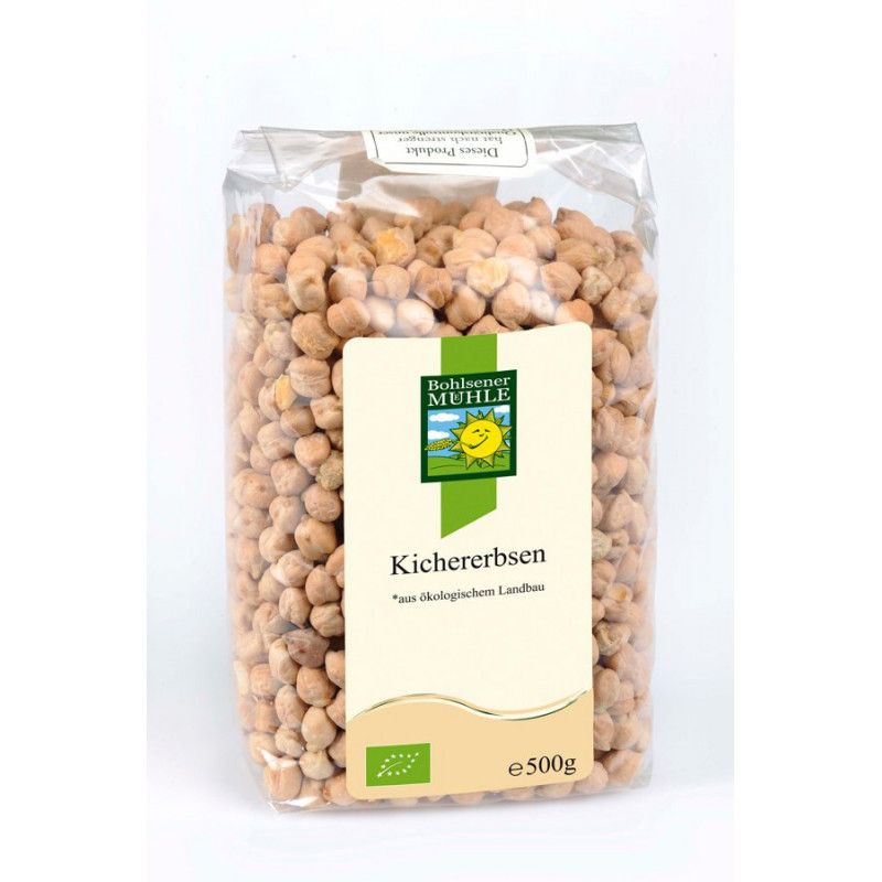 Klarsichtbeutel mit Kichererbsen. Etikett mit Logo, Schriftzug Kichererbsen, Bio-Siegel und Gewichtsangabe.
