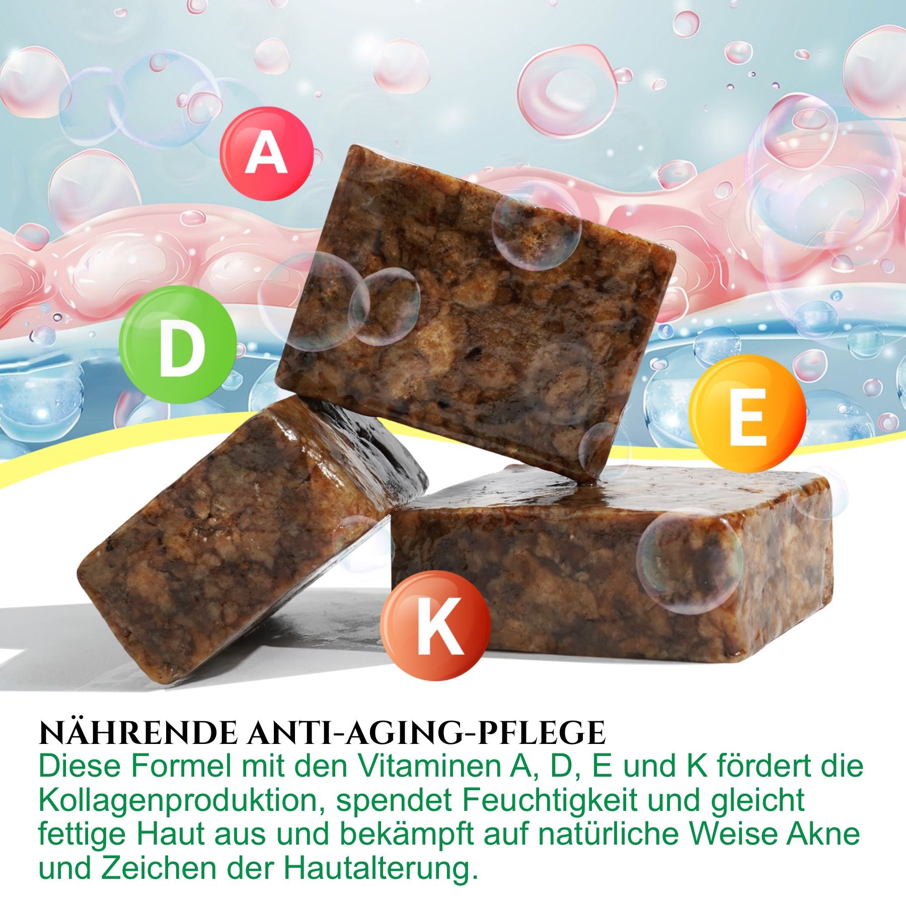 Drei Stücke schwarze Seife. Text: Nährende Anti-Aging-Pflege. Mit Vitaminen A, D, E und K.