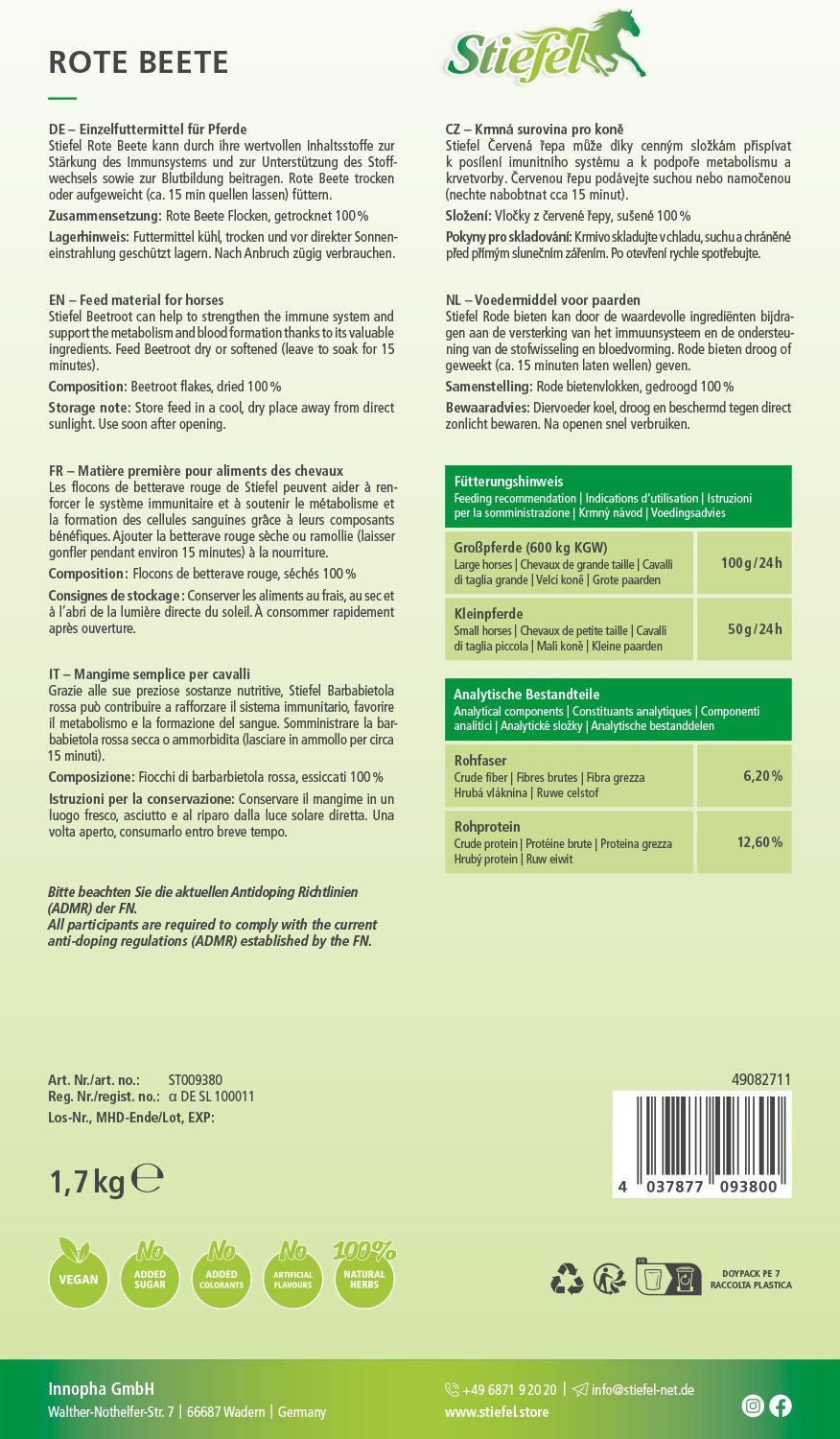 Rückseite der Verpackung von Stiefel Rote Beete Flocken. Enthält Informationen zu Inhaltsstoffen, Fütterungsempfehlungen und analytischen Bestandteilen.