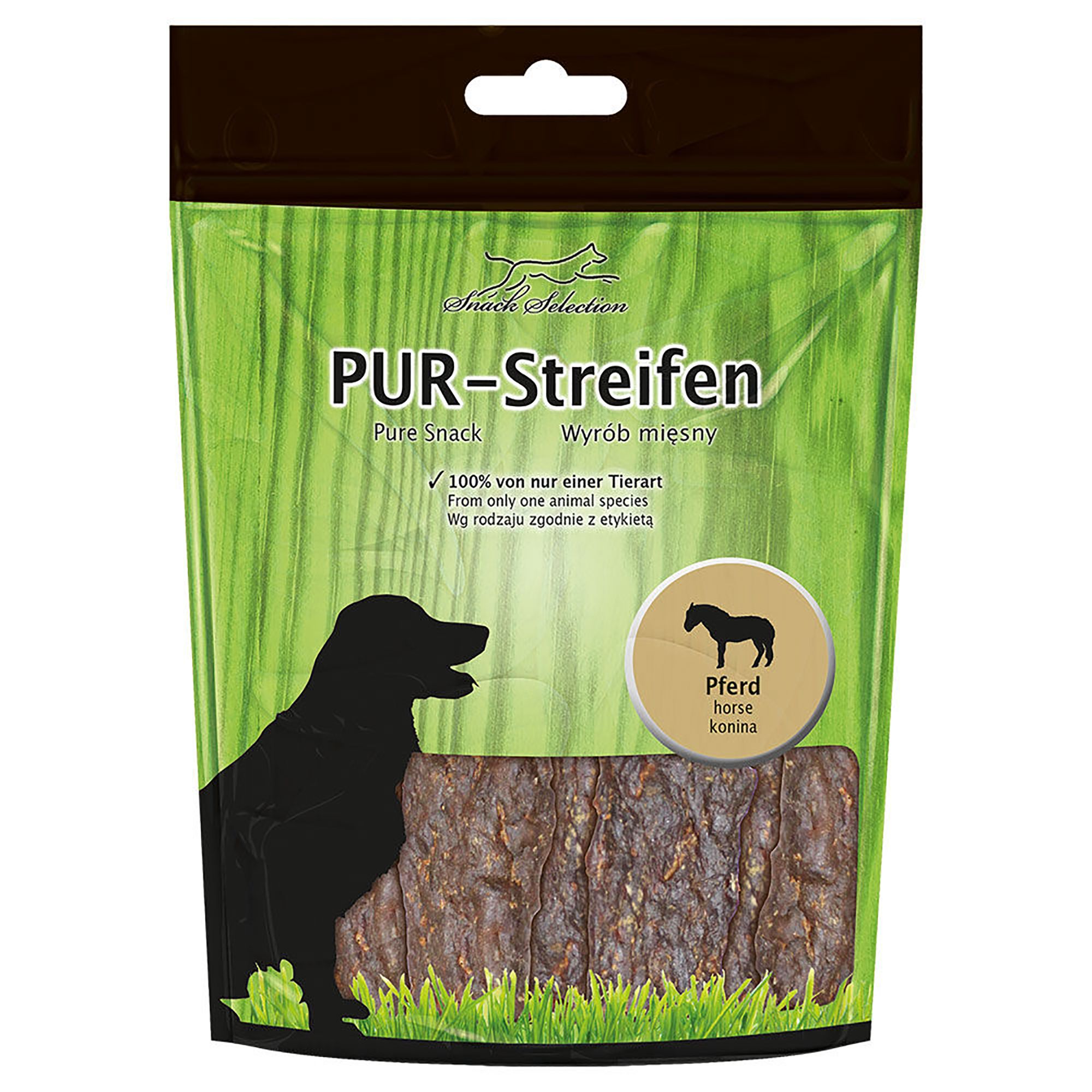 Beutel mit PUR-Streifen. Aufdrucke: Hundesilhouette, Pferd-Symbol, Text. Produkt: Dörrfleisch aus Pferd.