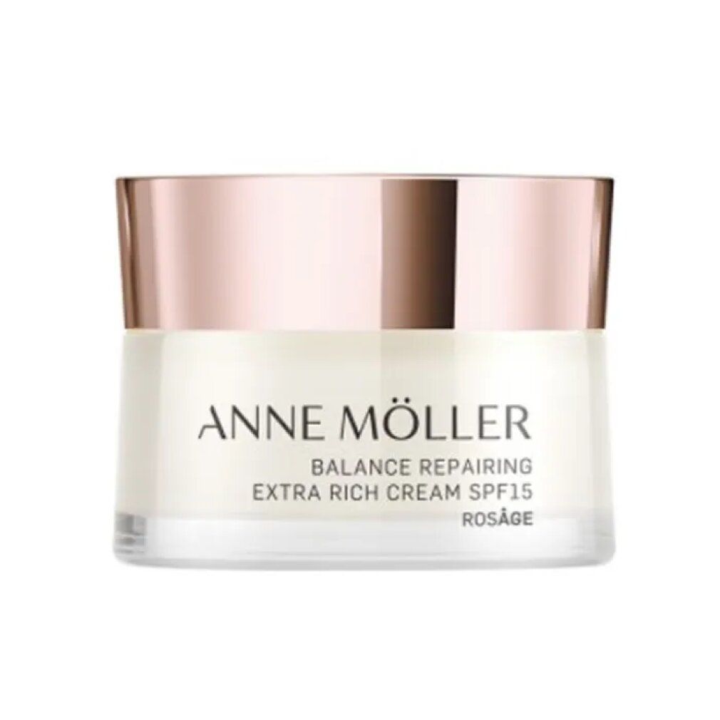 Creme-Tiegel mit roségoldfarbenem Deckel. Aufschrift: Anne Möller, Balance Repairing Extra Rich Cream SPF 15, Rosâge.