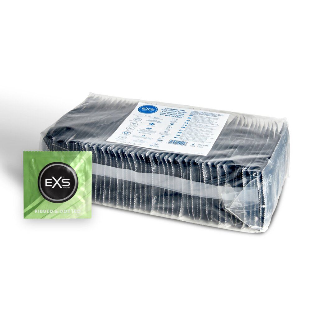 Großpackung EXS Kondome, eine einzelne grüne Verpackung daneben.