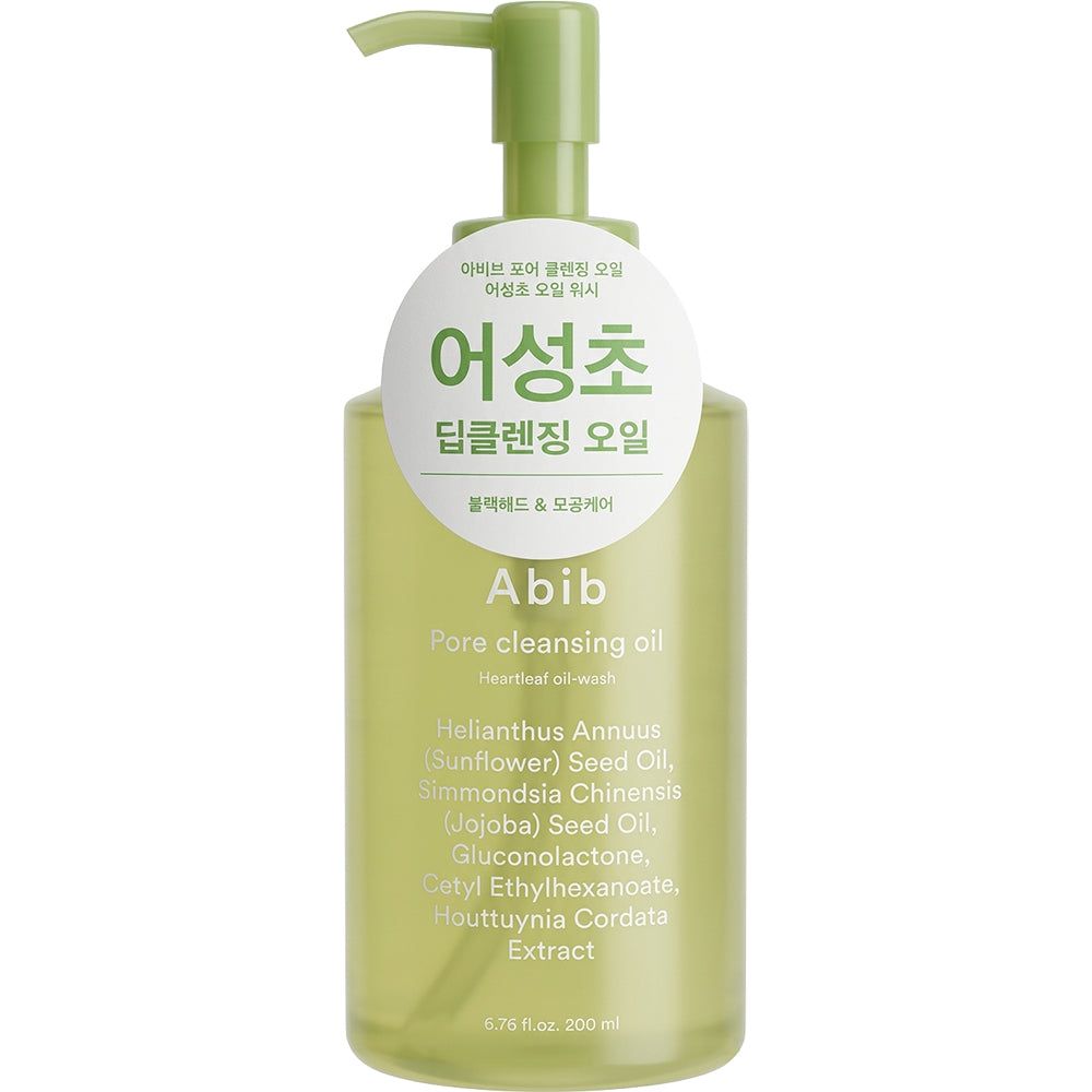 Abib Pore Cleansing Oil in einer transparenten grünen Flasche mit Pumpspender. Enthält Sonnenblumenöl und Jojobaöl.