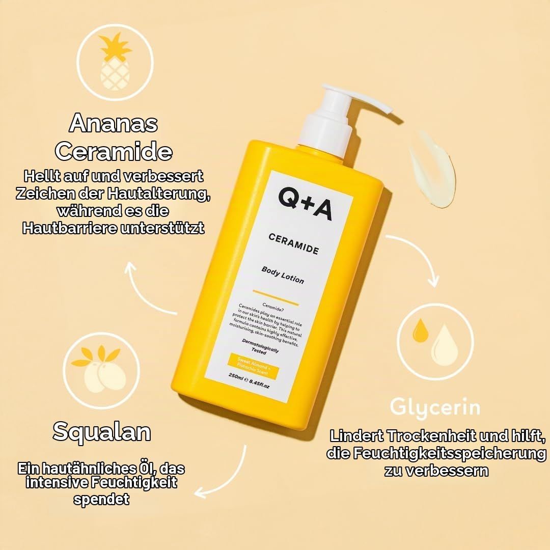 Q+A Ceramide Body Lotion in gelber Flasche mit Pumpspender. Enthält Ananas, Ceramide, Squalane und Glycerin.