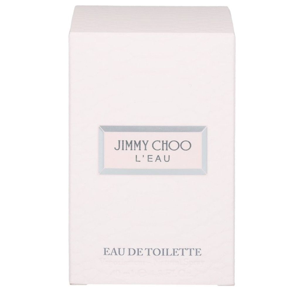 Weiße rechteckige Verpackung mit Aufschrift: JIMMY CHOO L'EAU, Eau de Toilette.