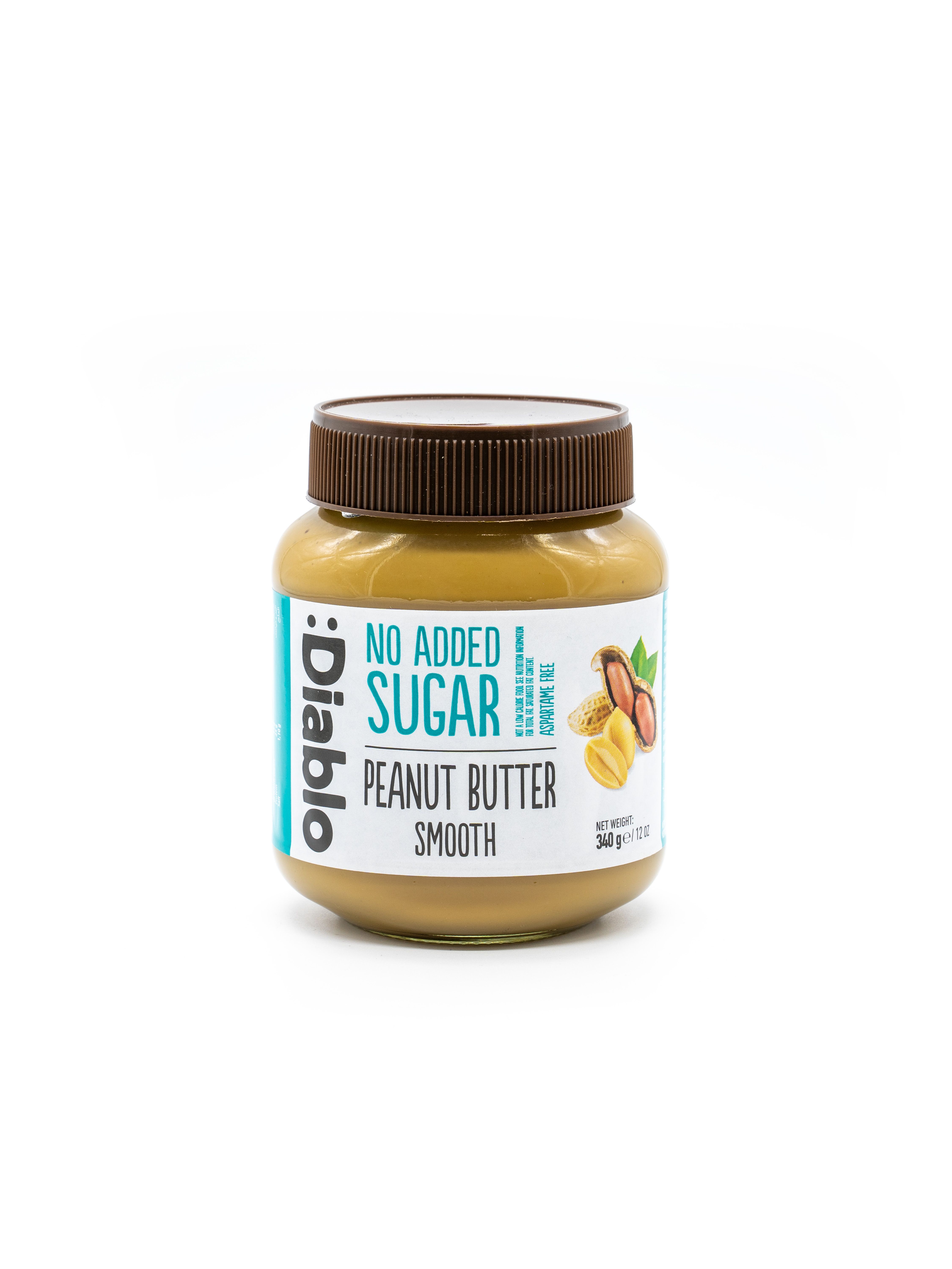 Glas mit Erdnussbutter. Aufschrift: Diablo, No Added Sugar, Peanut Butter Smooth. Mit Erdnüssen abgebildet.