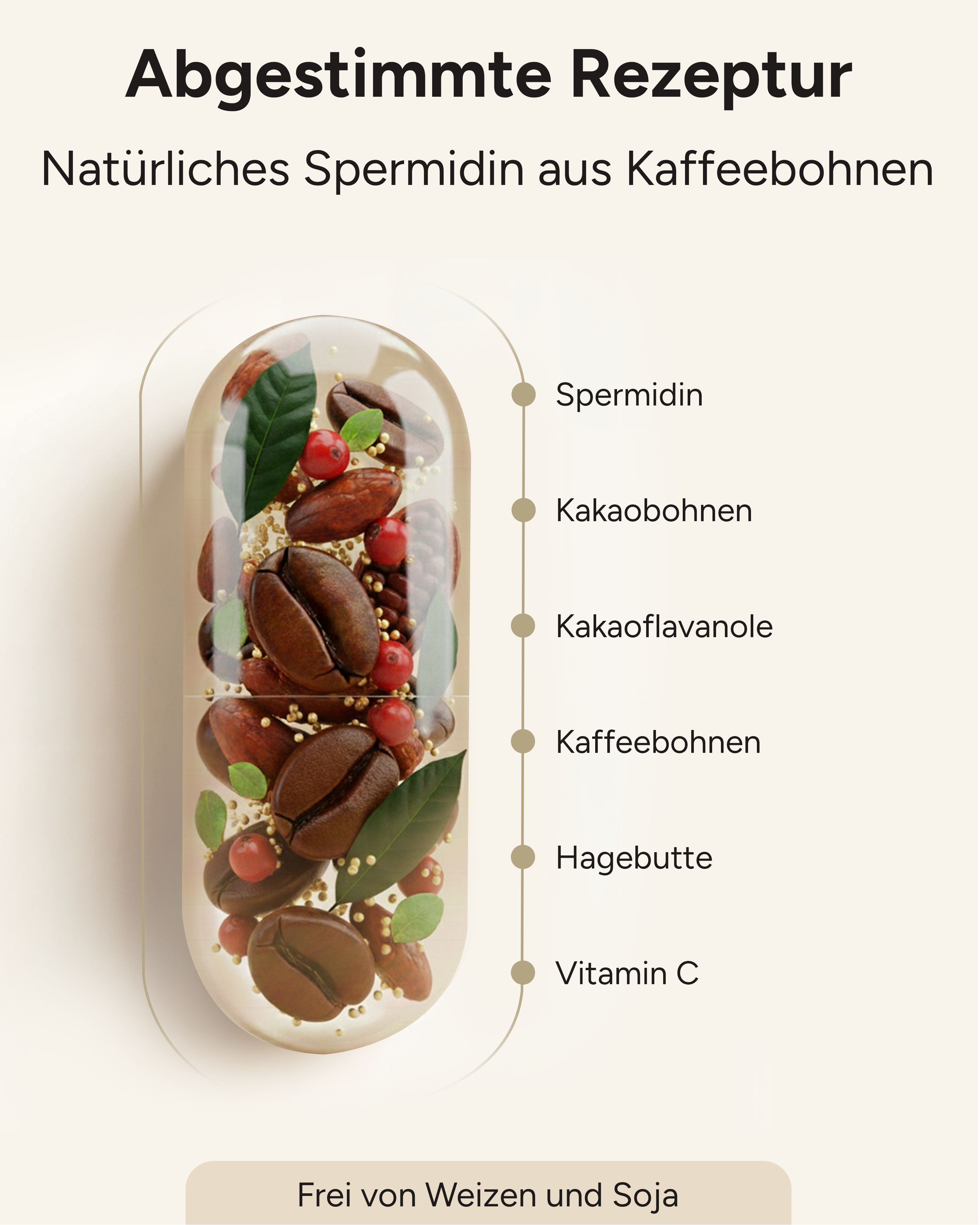 Kapsel mit Kakaobohnen, Kaffeebohnen, Hagebutte und Spermidin. Text: Frei von Weizen und Soja.