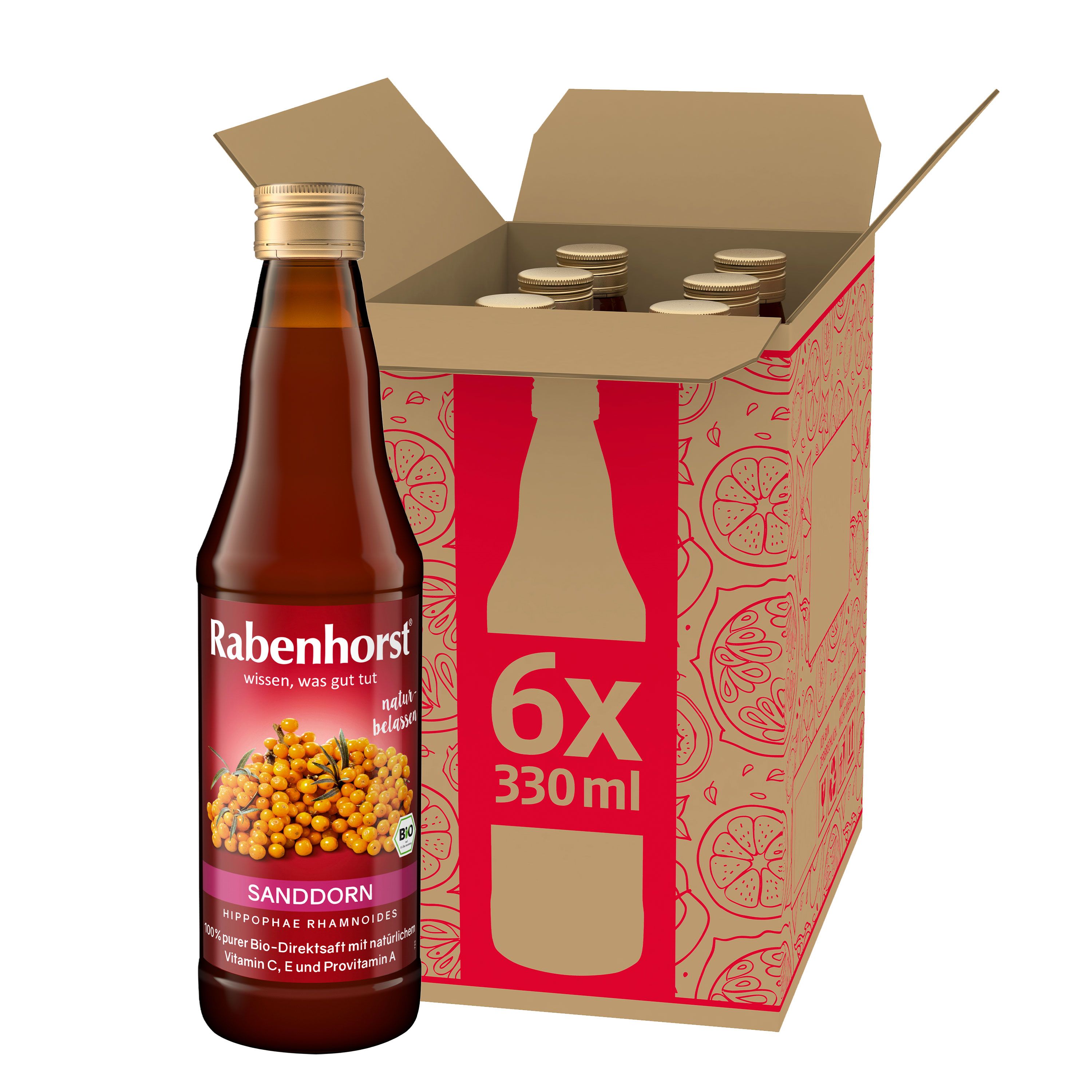 Flasche Sanddorn-Muttersaft in Kartonverpackung. Sechs Flaschen, 330ml. Rote Etiketten mit Produktname und Inhaltsstoffen.
