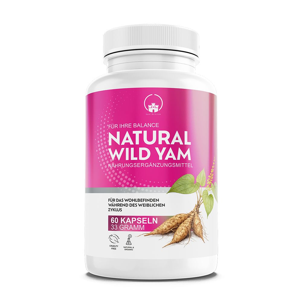 Weiße Flasche mit rosa Etikett. Aufschrift: Natural Wild Yam. 60 Kapseln, 33 Gramm. Abbildung von Yamswurzeln und Blättern.