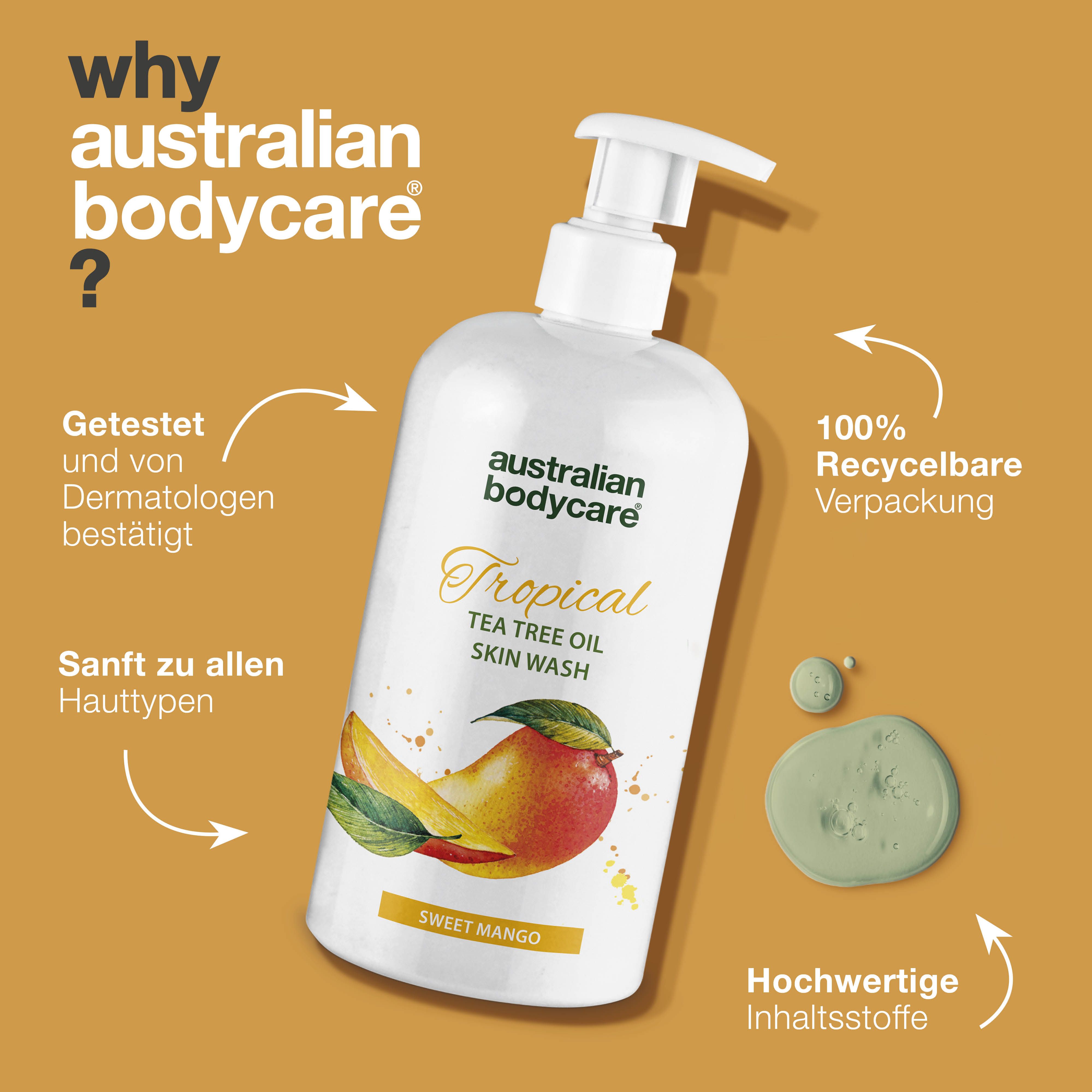 Produktflasche mit Text: Australian Bodycare, Tropical, Tea Tree Oil Skin Wash, Sweet Mango. Text: 100% recycelbare Verpackung.