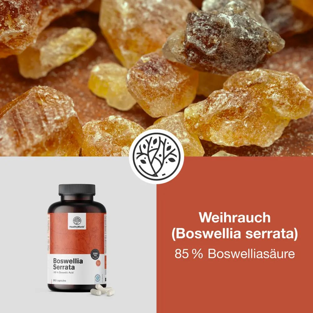 Produktabbildung mit Harzbrocken und Flasche. Aufschrift: HealthyWorld, Boswellia Serrata, 85% Boswelliasäure. Einige Kapseln liegen daneben.