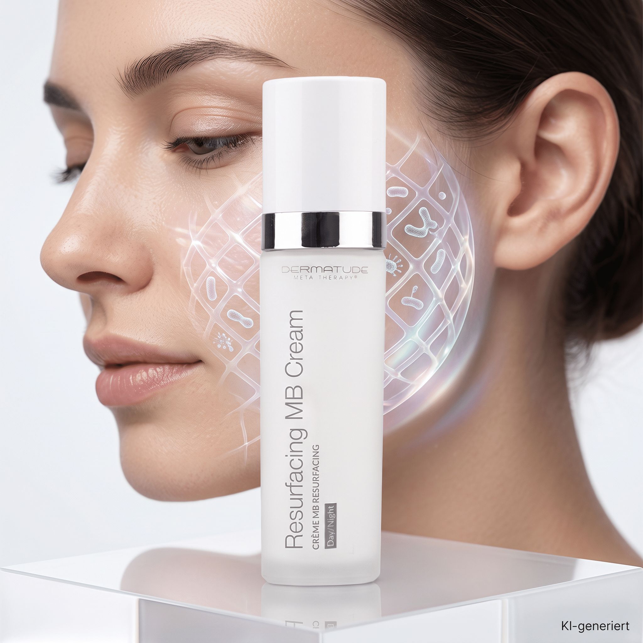 Weiße Flasche mit Pumpspender, beschriftet mit 'Resurfacing MB Cream'. Daneben ein Frauenprofil mit grafischer Darstellung der Haut.