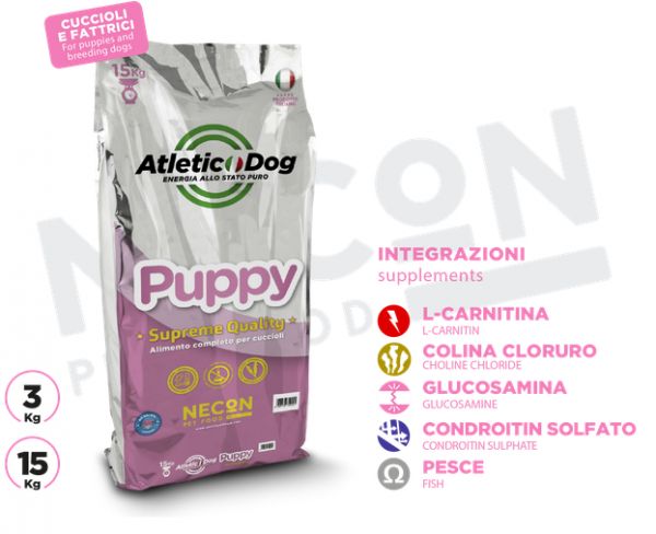 Hundefutterbeutel mit Aufschrift Puppy. Enthält L-Carnitin, Cholin, Glucosamin, Chondroitin und Fisch.