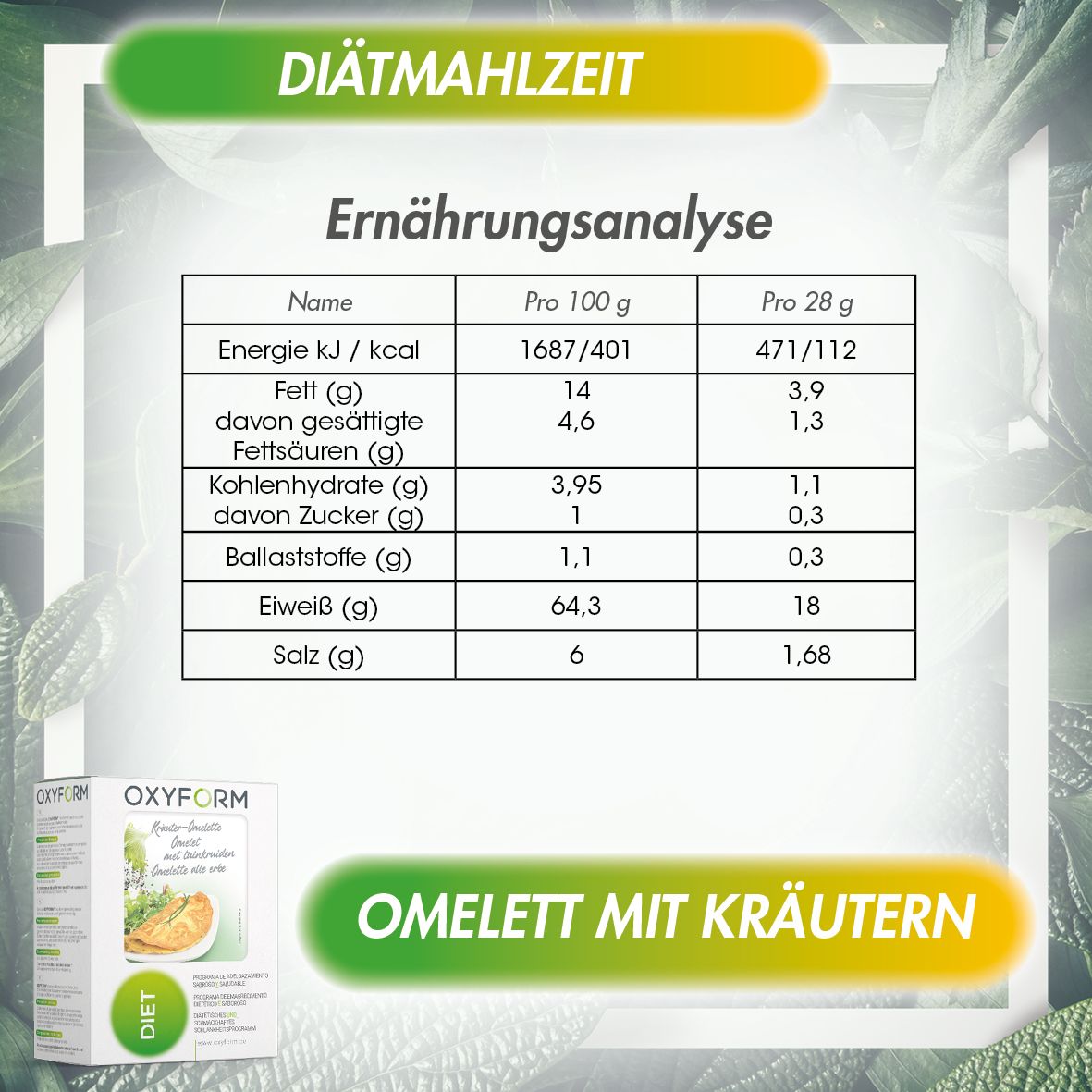 Ernährungsanalyse-Tabelle. Angaben pro 100g und 28g. Kleines Oxyform-Produktbild. Text: "Omelett mit Kräutern".