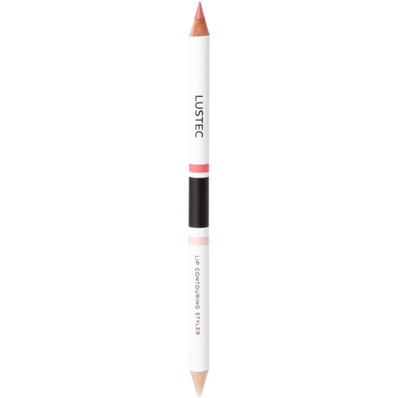 Doppel-Lippenstift-Konturenstift. Weißer Stift mit rosa und beigefarbenen Spitzen. Schwarzer und rosa Streifen. Marke LUSTEC.
