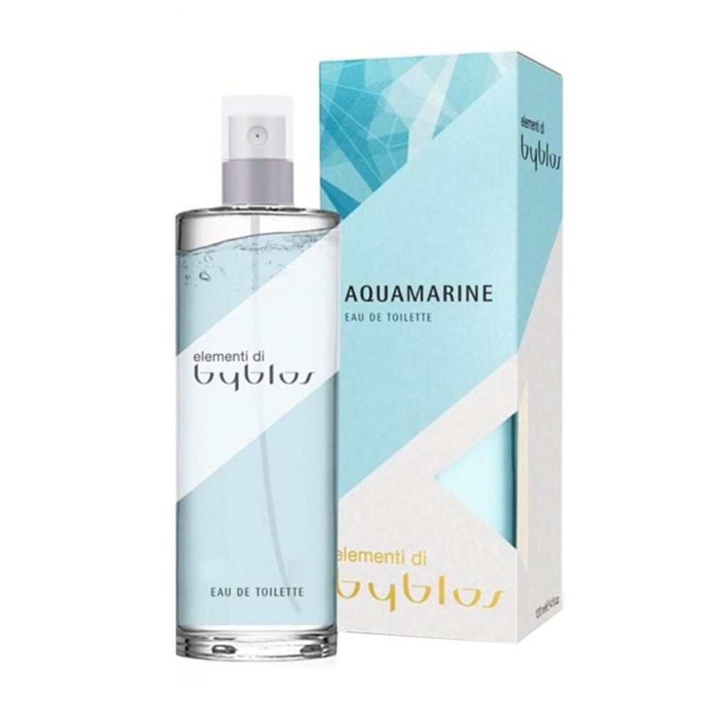 Byblos Aquamarine Eau de Toilette mit Verpackung. Flakon und Schachtel. Schachtel mit blauem Design. 'Aquamarine' und 'elementi di byblos'.