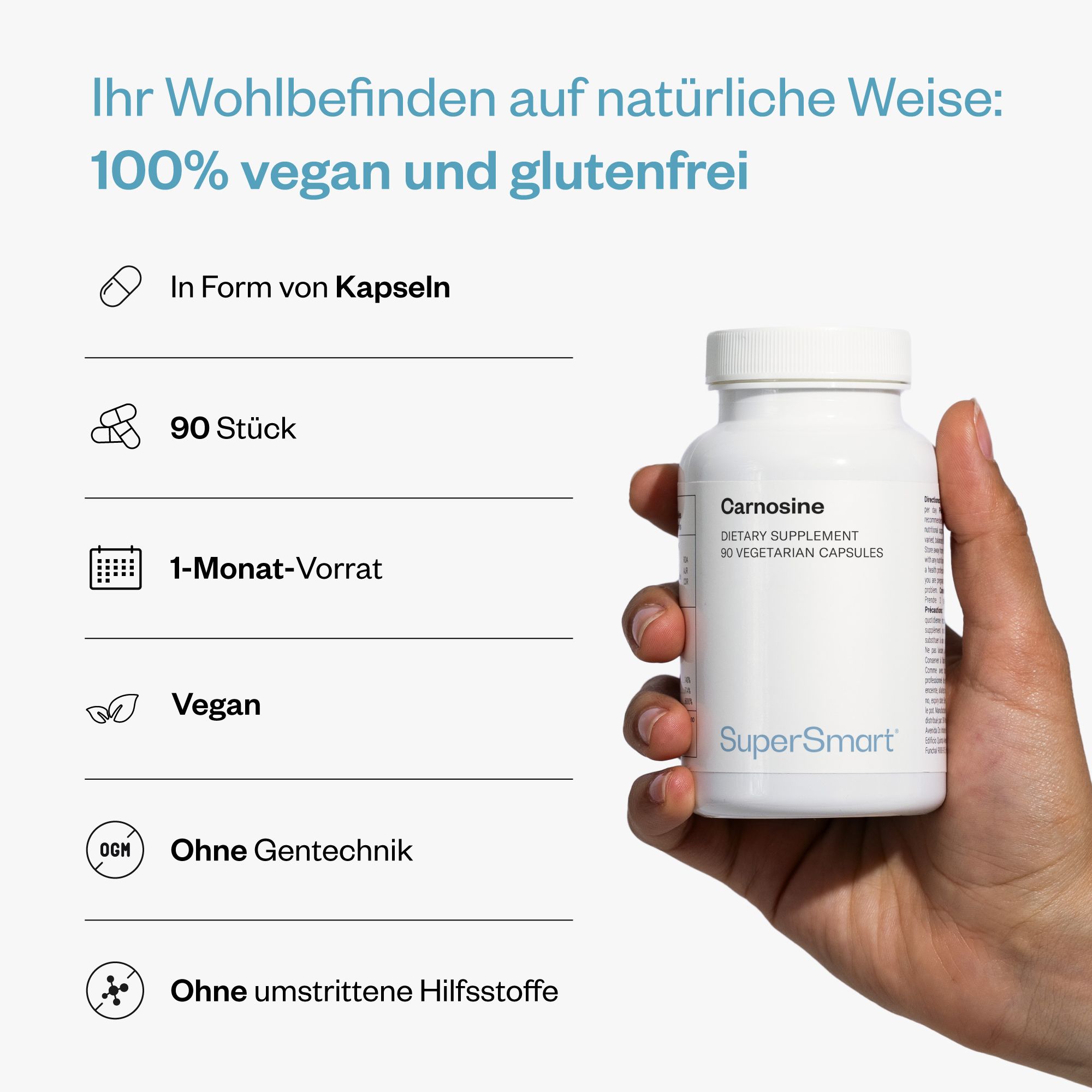 Hand hält weiße Flasche mit "Carnosine" und "SuperSmart". 90 Kapseln, 1-Monats-Vorrat, vegan, ohne Gentechnik, ohne Hilfsstoffe.