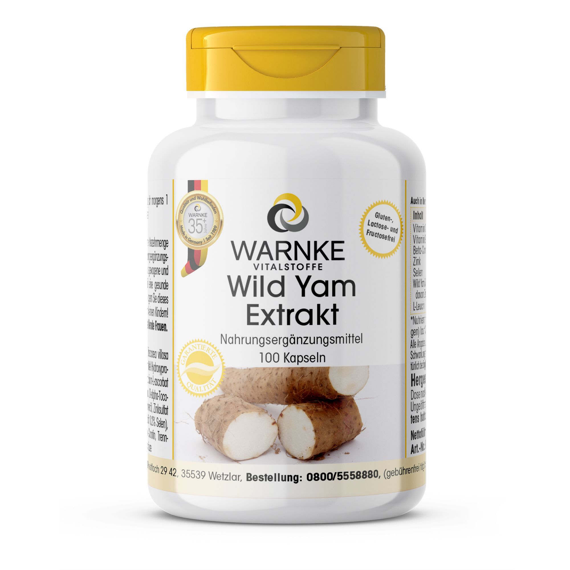 Weiße Flasche mit gelbem Deckel. Aufschrift: WARNKE Wild Yam Extrakt, Nahrungsergänzungsmittel, 100 Kapseln. Abbildung von Yamswurzeln.