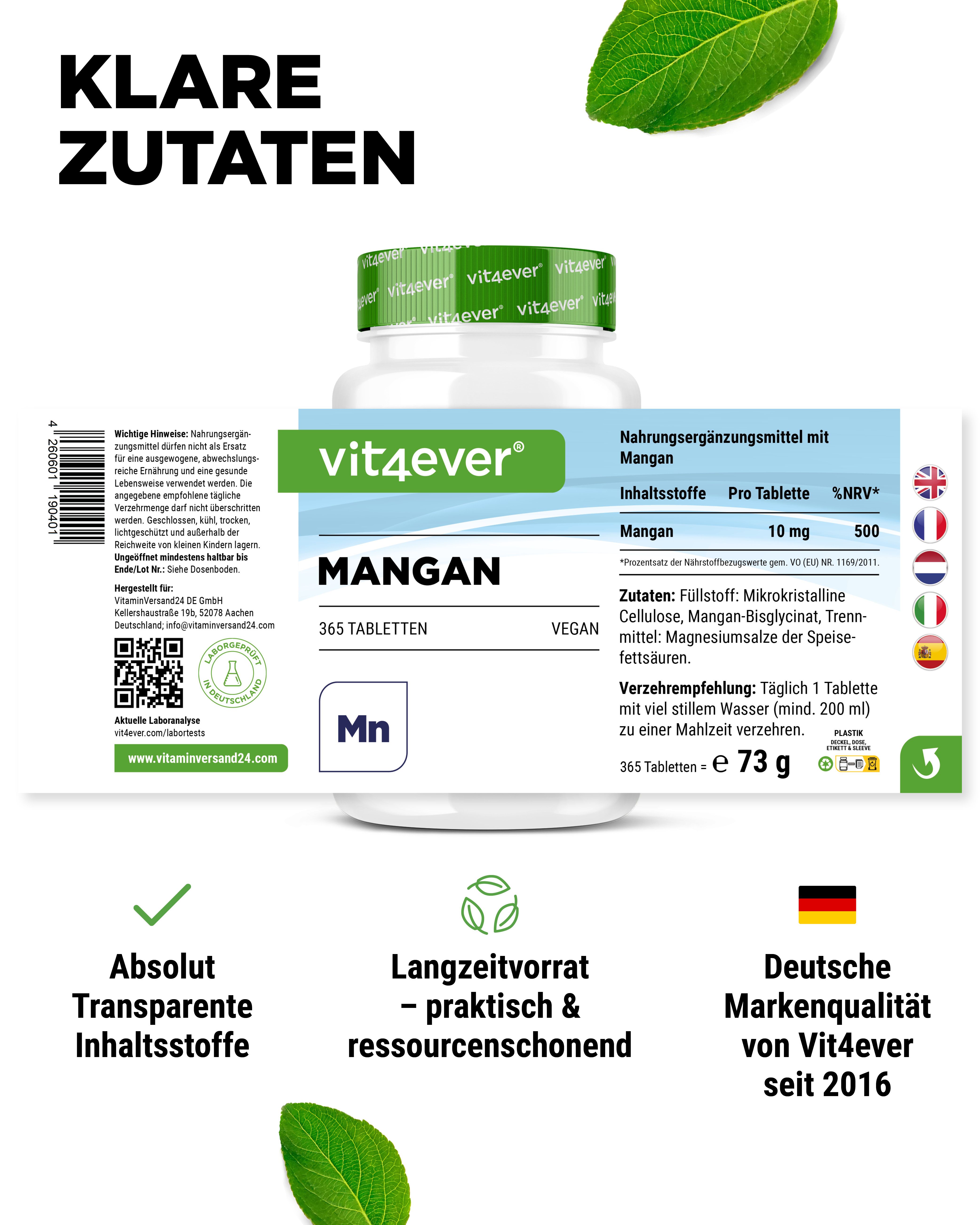 Produktetikett mit Informationen. "vit4ever Mangan", 365 Tabletten, vegan. Nährwertangaben, Verzehrempfehlung.