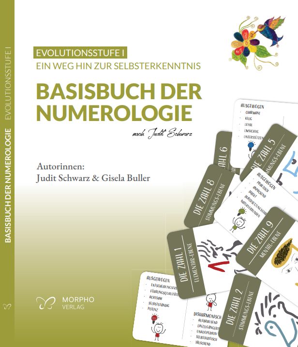 Buch "Basisbuch der Numerologie" mit Karten. Titel und Autoren sichtbar. Verlag Logo. Karten mit Zahlen und Begriffen.