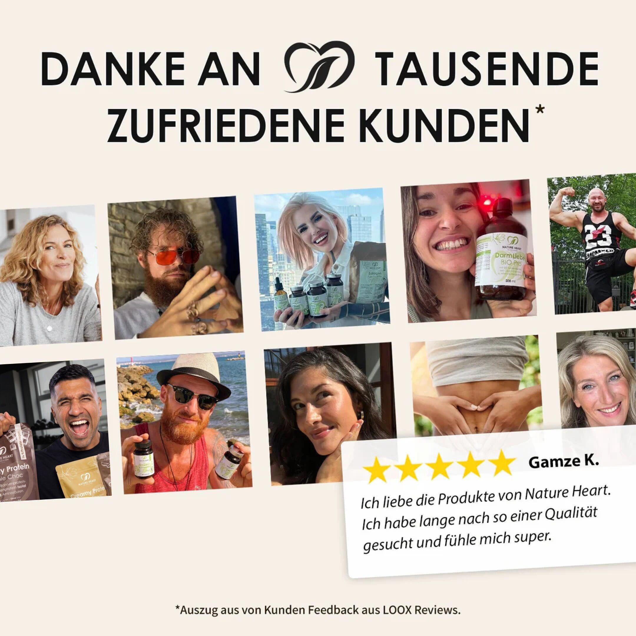 Dank an zufriedene Kunden: Collage aus Kundenfotos und positivem Feedback.