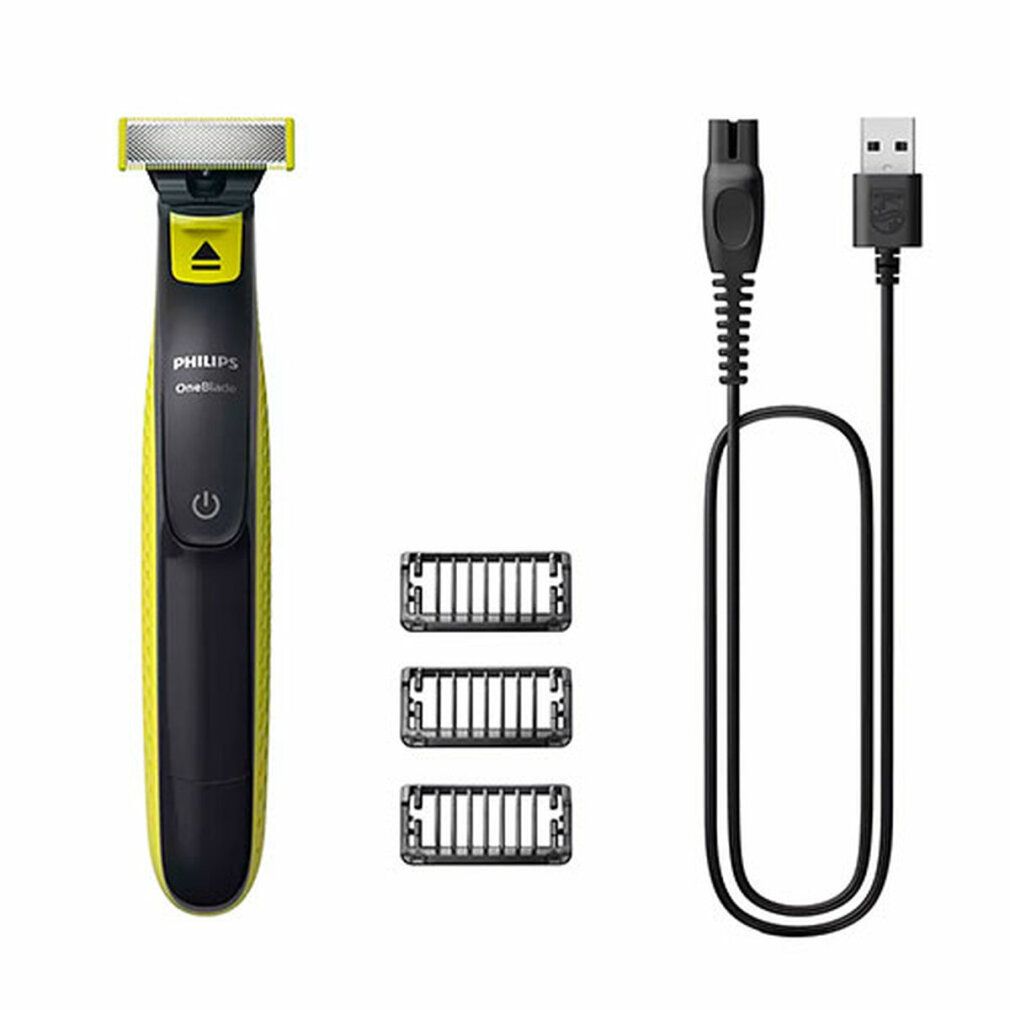 Barttrimmer, drei Aufsteckkämme und Ladekabel. Der Trimmer hat einen schwarzen Griff und gelbe Akzente. Auf dem Griff steht "Philips OneBlade".