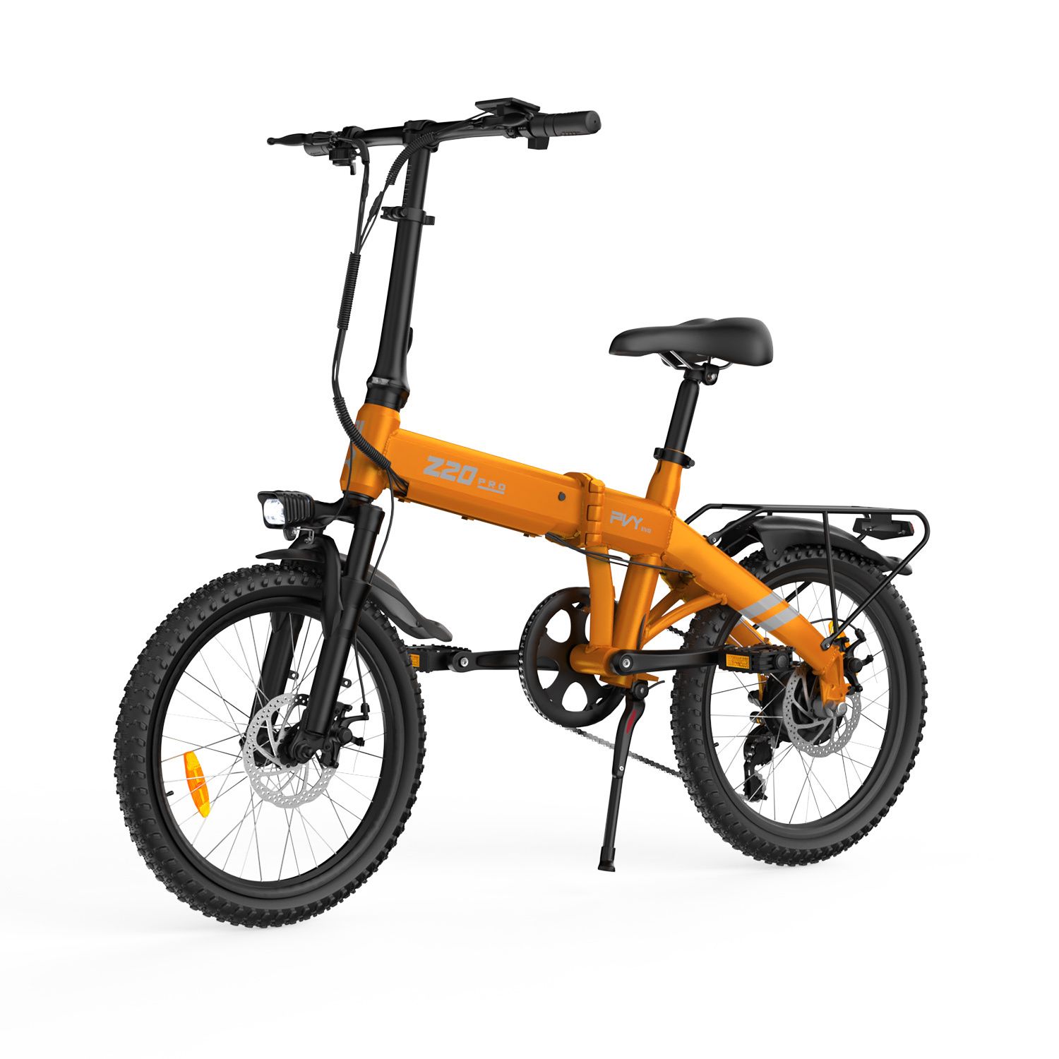 Orangefarbenes Klapp-E-Bike mit schwarzem Rahmen, Gepäckträger und Scheinwerfer. Aufschrift Z20 PRO EVO.