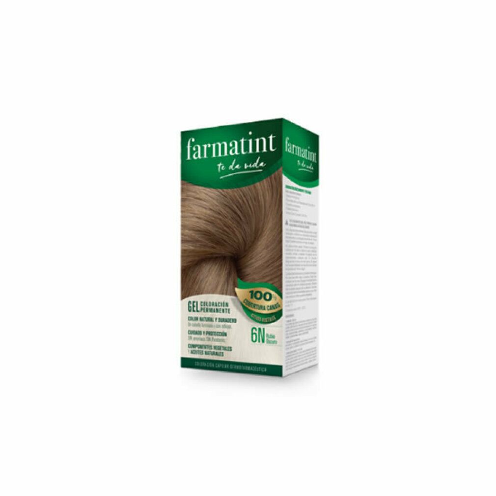 Farmatint-Haarfärbegel in Schachtel. Farbton 6N-Dunkelblond. 100% Grauhaarabdeckung. Gel-Formel. Natürliche Farbe und Glanz.