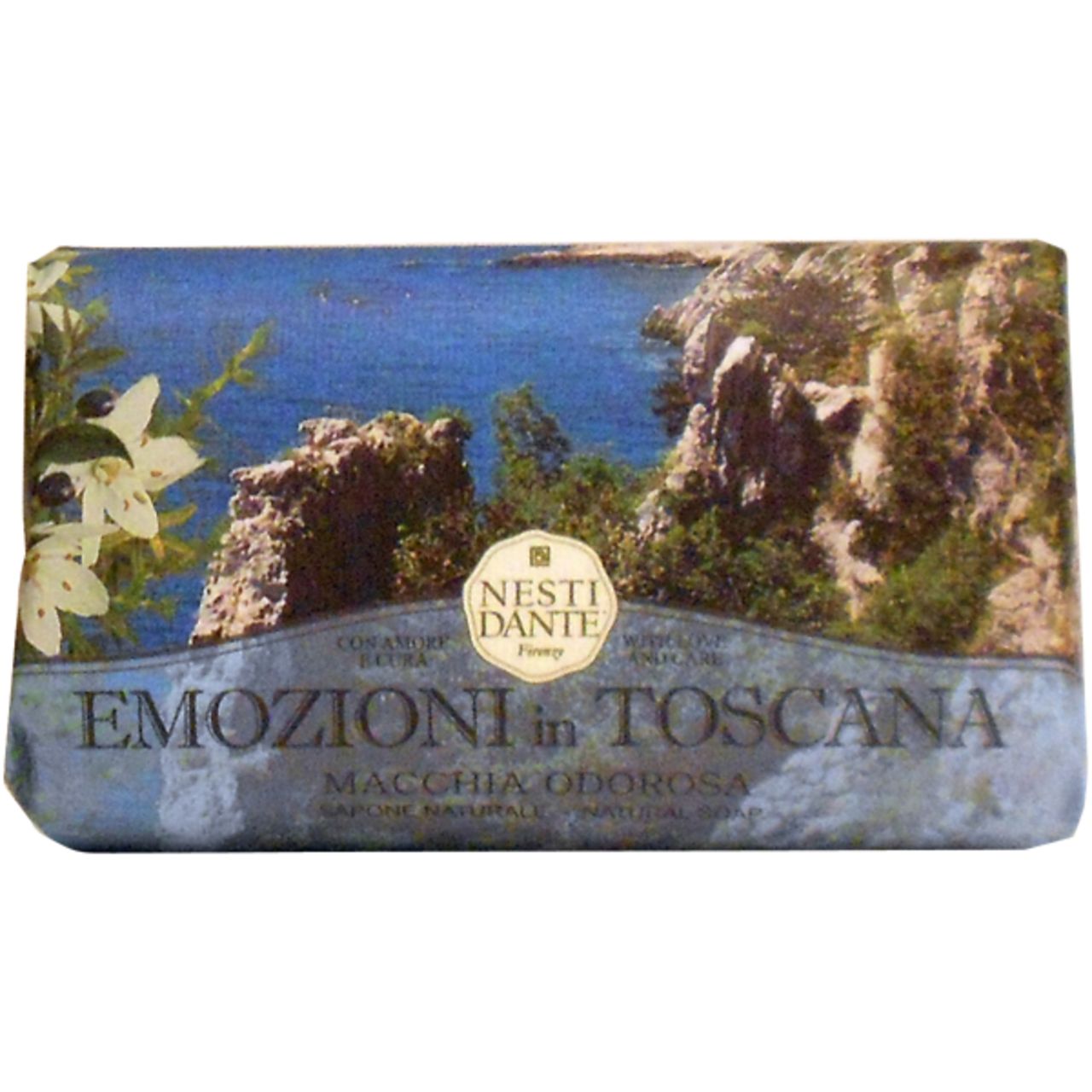 Seife mit Landschaftsmotiv. Text: Emozioni in Toscana, Macchia Odorosa, Nesti Dante.