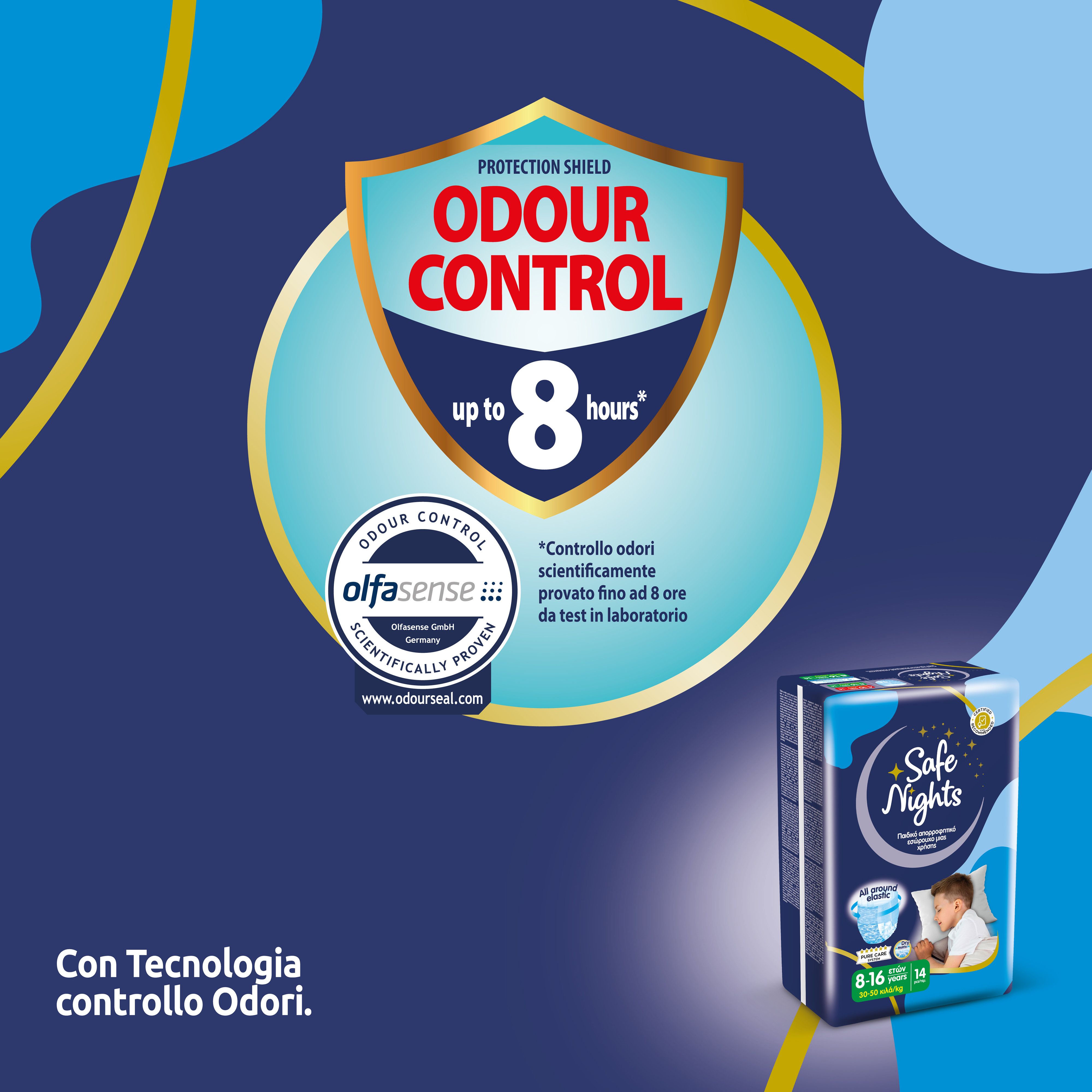 Babylino Safe Nights Boys Pants 8-16 Jahre. Odour Control bis zu 8 Stunden. Verpackung mit Produktabbildung.