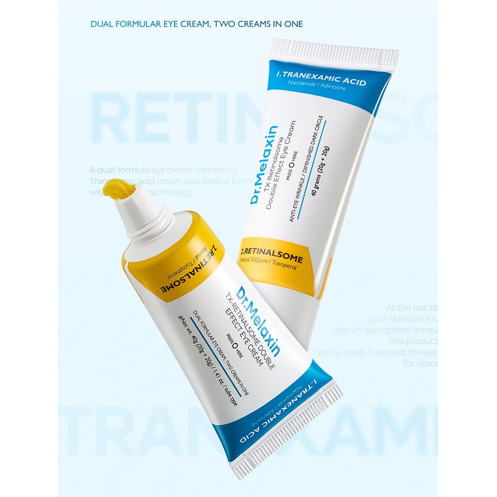 Zwei Dr.Melaxin Doppel-Effekt Augencreme-Tuben, eine weiß-blau, eine weiß-gelb.