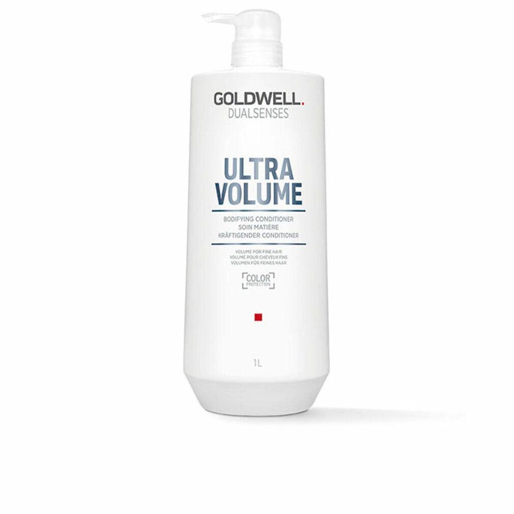 Goldwell Dual Senses Ultra Volume Conditioner. Weiße Flasche mit Pumpe. Text: Ultra Volume, Bodifying Conditioner, Color Protection. 1L.