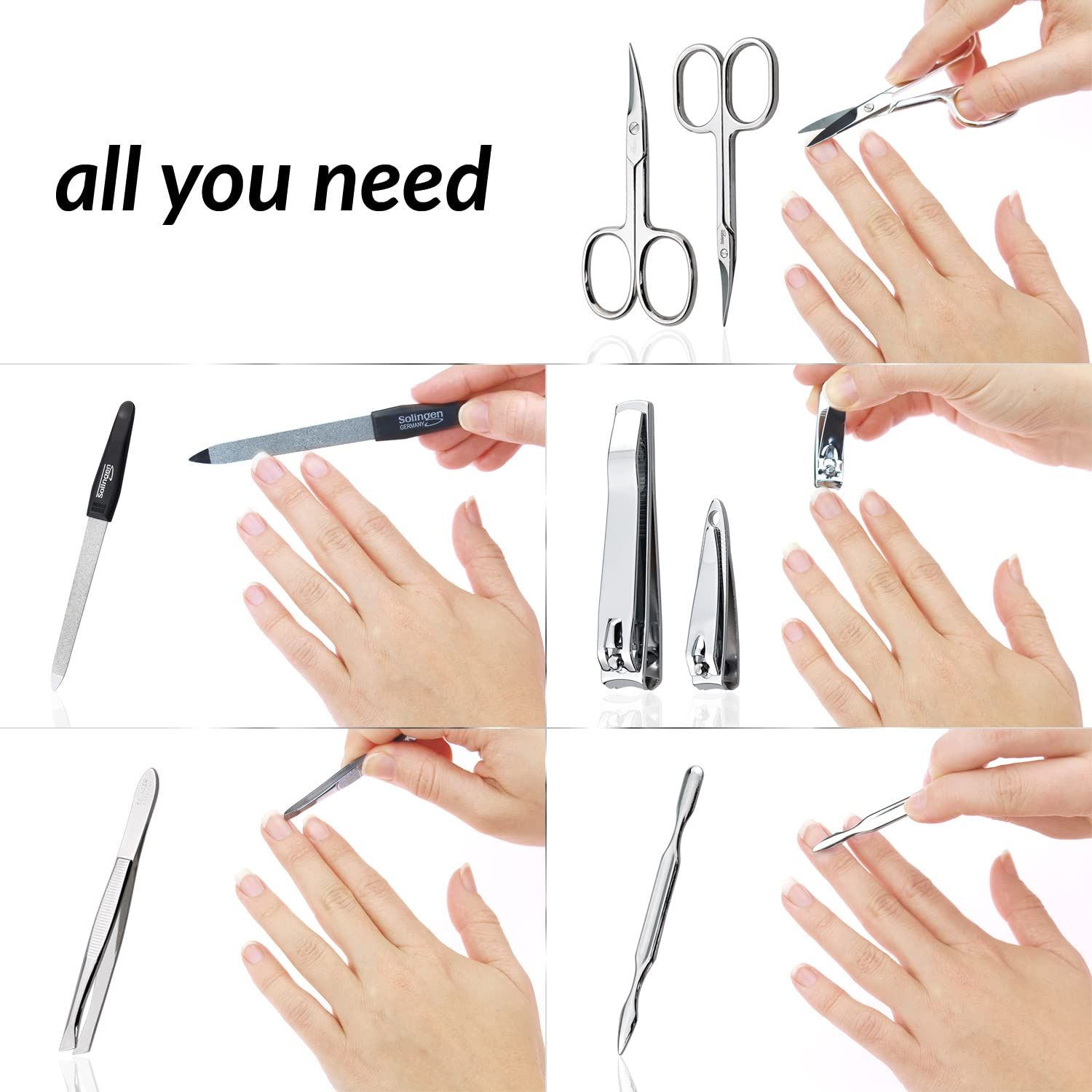 Verschiedene Werkzeuge eines Maniküre-Sets in Anwendung: Nagelschere, Feile, Nagelknipser, Pinzette und Hautreiniger.