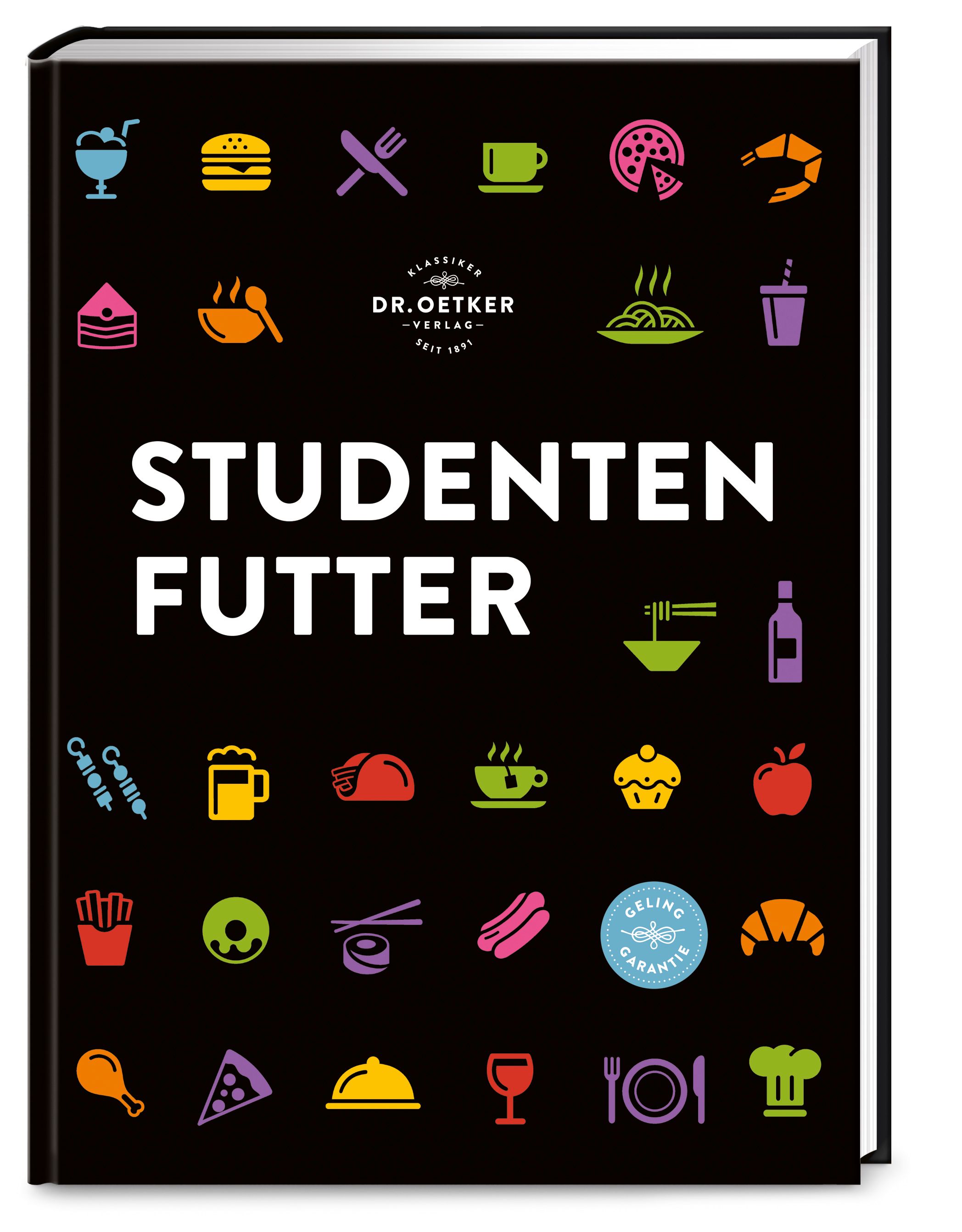Buch mit schwarzem Einband, Titel "Studentenfutter". Oben Icons von Speisen. Logo Dr. Oetker. "Geling Garantie"-Siegel.