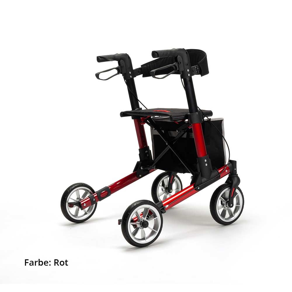 Rollator rot mit vier Rädern, Sitzfläche und Einkaufstasche. Schwarzer Rahmen, silberne Räder. Farbe: Rot.