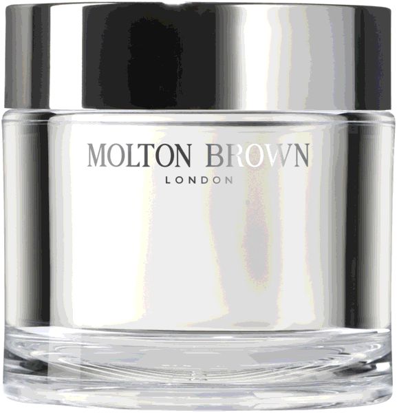 Glasbehälter mit silbernem Deckel. Aufschrift: Molton Brown London. Enthält eine weiße Creme.