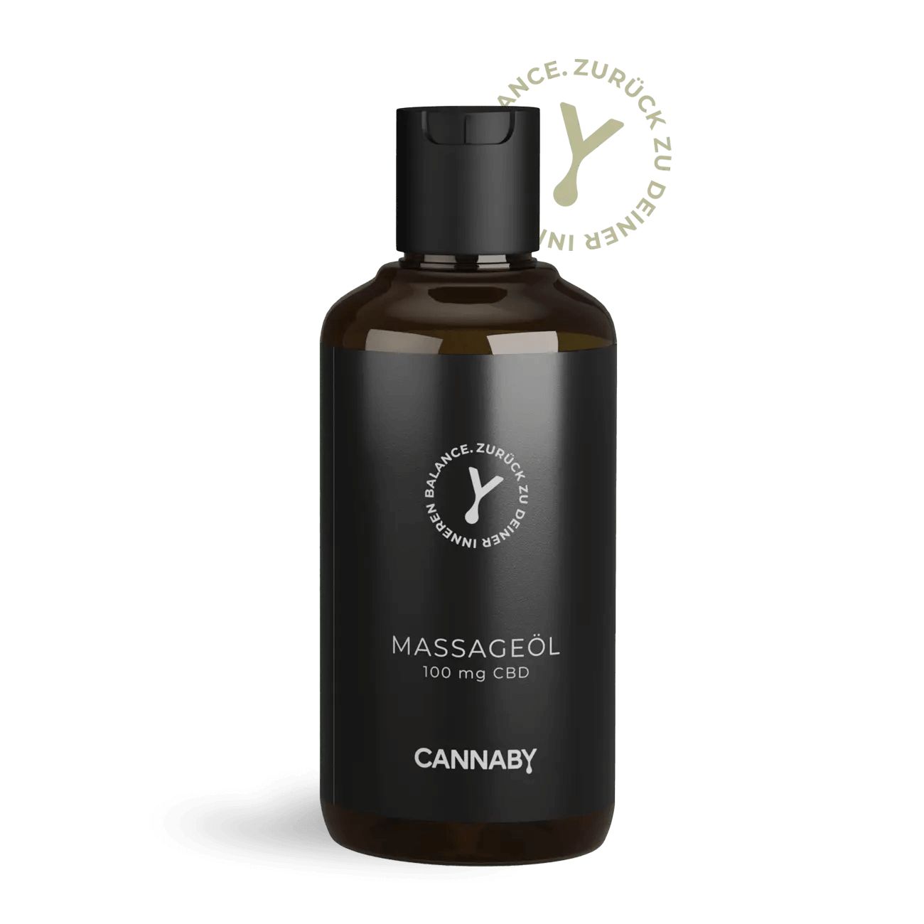 Dunkle Glasflasche mit schwarzem Verschluss, gefüllt mit Massageöl. Etikett zeigt "Massageöl 100 mg CBD" und "CANNABY".