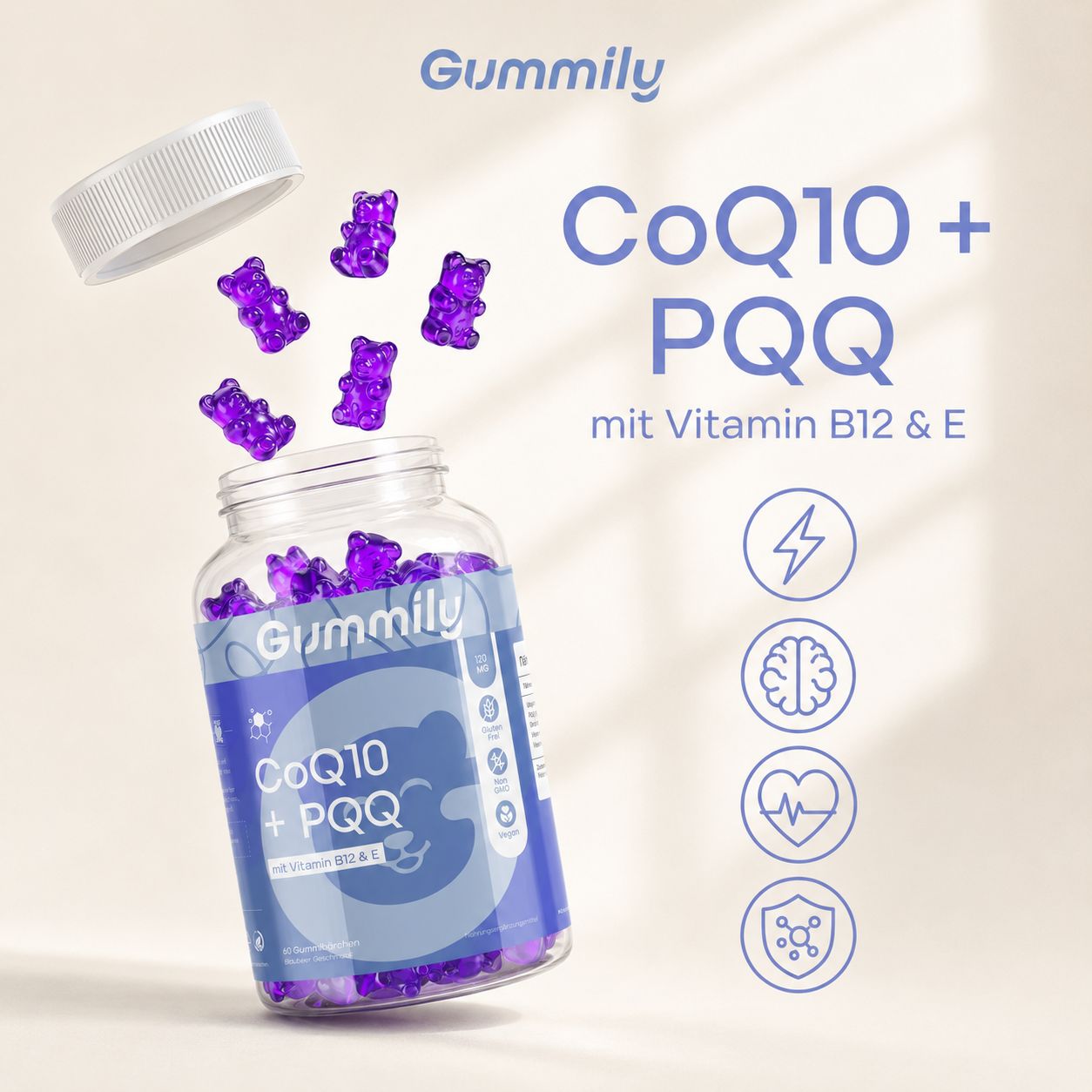Gummily Coenzym Q10 + PQQ Flasche mit herausfallenden Gummibärchen und Icons für Energie, Gehirn, Herz.