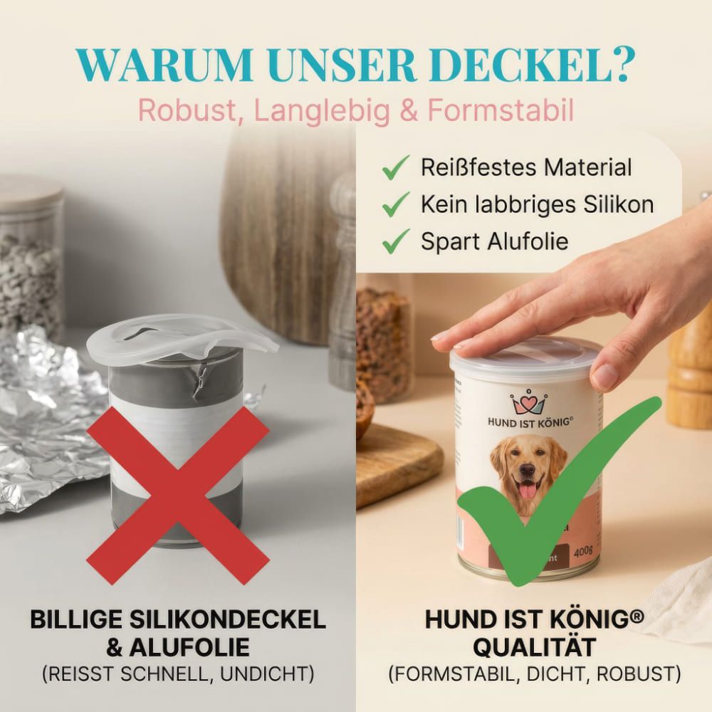 Vergleich: Silikondeckel vs. Deckel. „HUND IST KÖNIG® Qualität“. Grün markiert: robust, langlebig, formstabil.