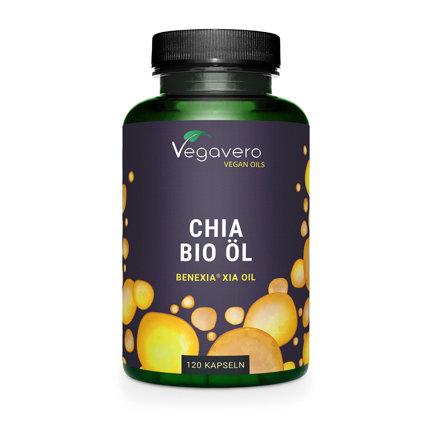 Grüne Flasche mit schwarzen Deckel. Aufschrift: Chia Bio Öl. 120 Kapseln. Vegavaro Vegan Oils.