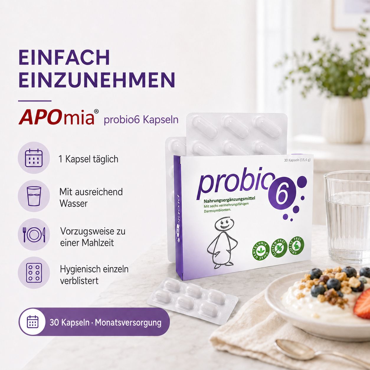 Frau lächelt, neben probio6 Kapsel-Verpackung und Informationen zur einfachen Einnahme.