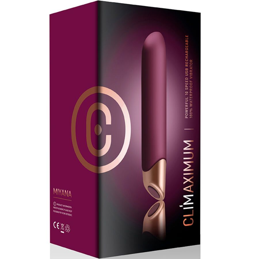 Verpackung mit Vibrator. Aufschrift: CLIMAXIMUM, MIYANA. Produktabbildung. Logo 'C'.