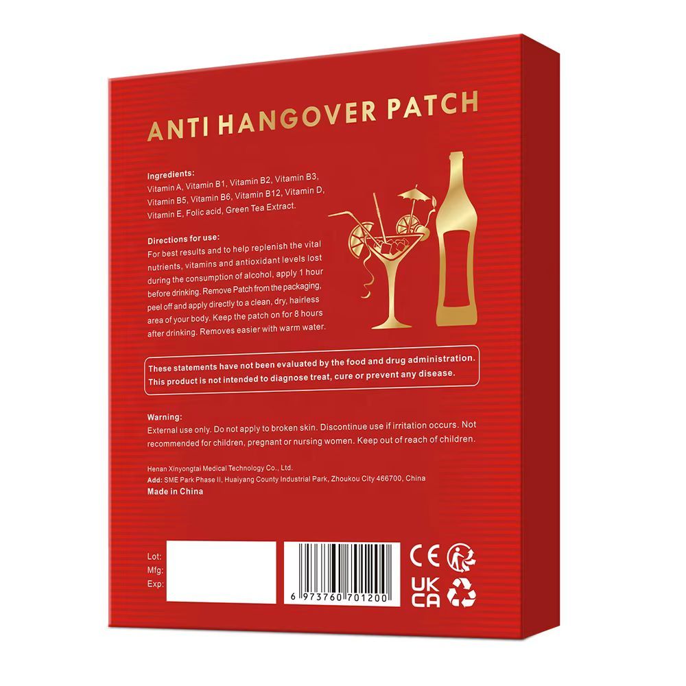 Rote Verpackung. Aufdruck: Anti Hangover Patch. Inhaltsstoffe und Anwendungshinweise. CE-Kennzeichnung und Barcode.