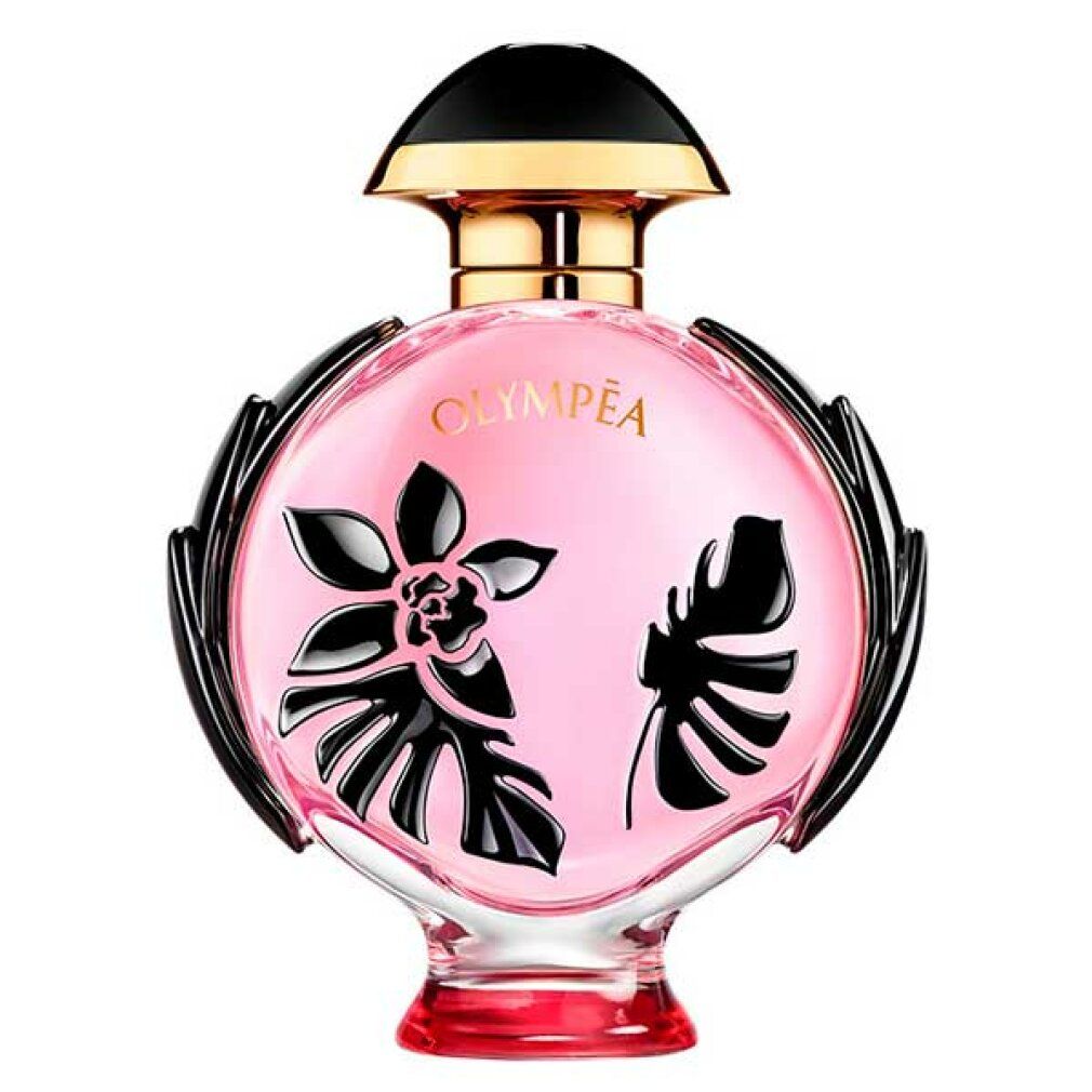 Runder Flakon mit rosa Flüssigkeit, schwarzem Deckel und goldenem Hals. Schwarze Blumenmuster auf dem Glas. Roter Sockel.