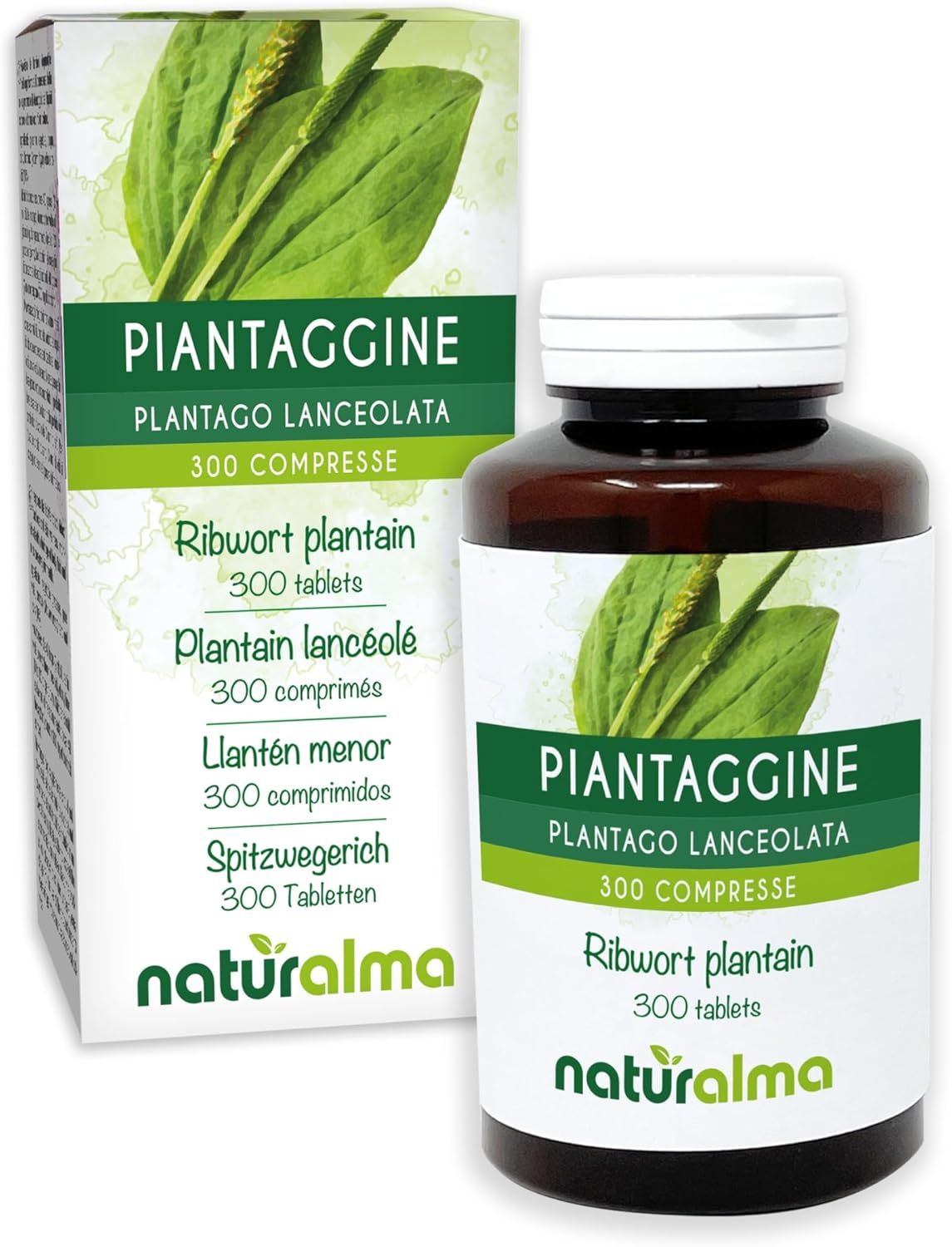 Produktverpackung und Flasche. Text: Plantaggine Plantago lanceolata Tabletten. 300 Tabletten.