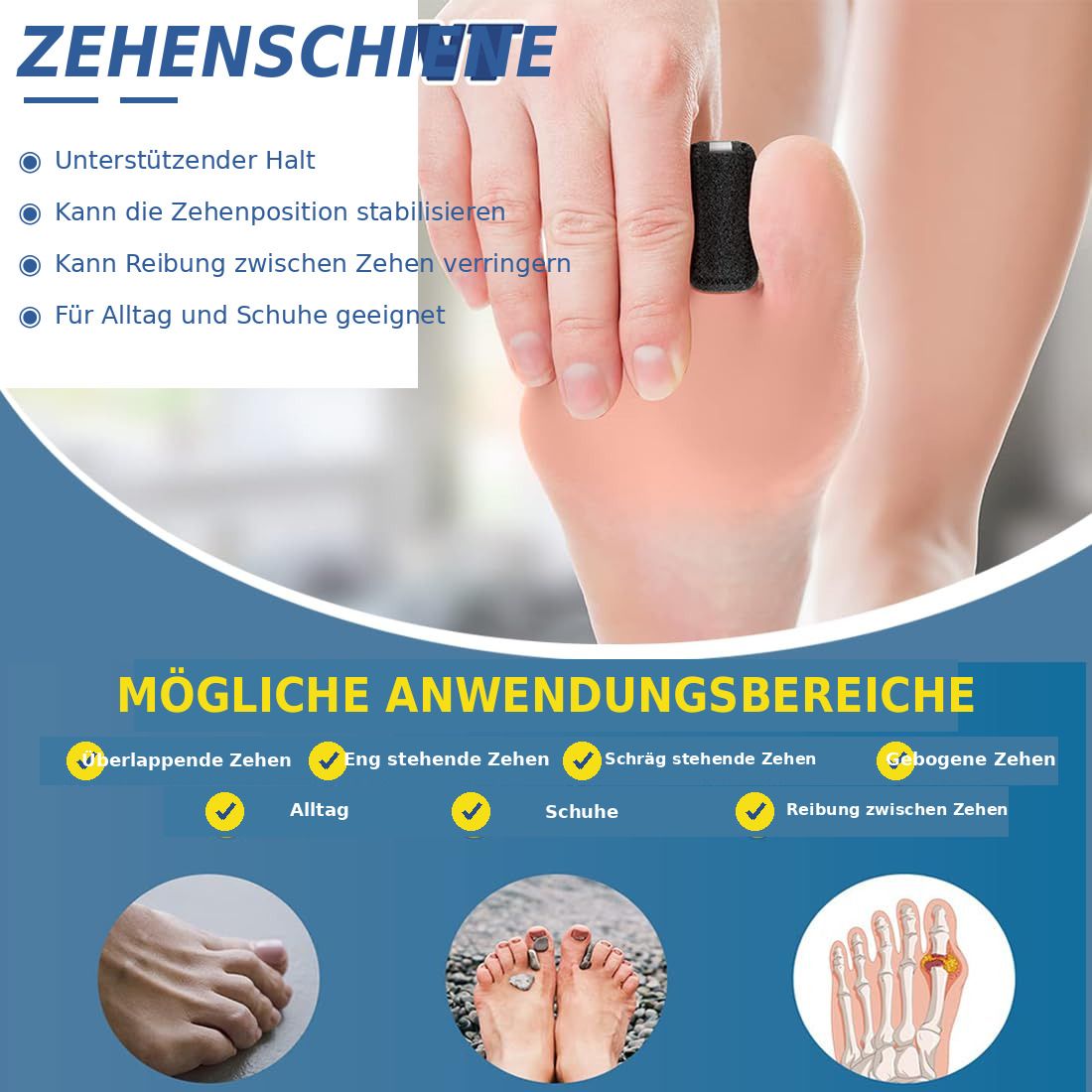 Zehenschiene verstellbar mit Aluminiumstütze, atmungsaktiv & rutschfest, für Alltag & Schuhe