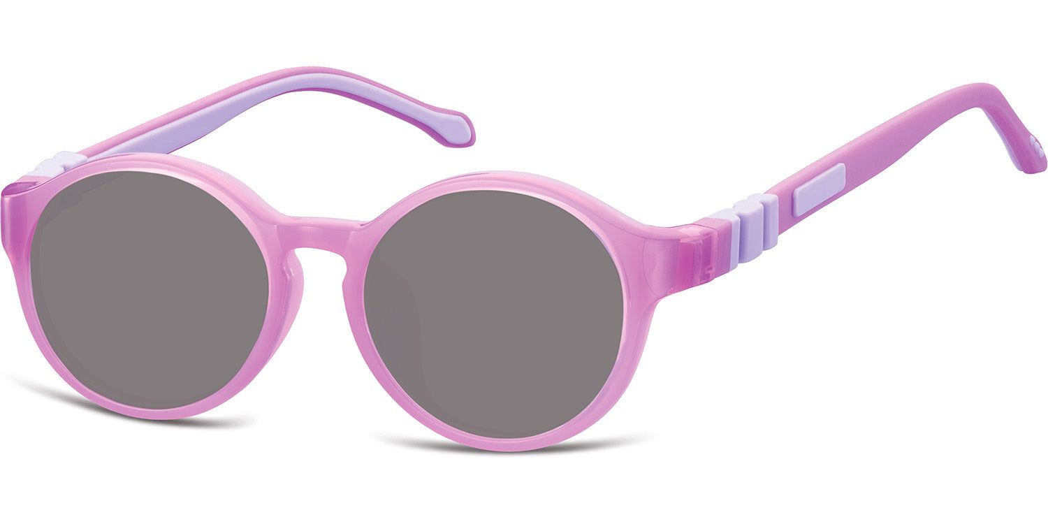 Runde Sonnenbrille, rosa Rahmen, graue Gläser. Bügel mit hellvioletten Akzenten. Seitliche Ansicht.